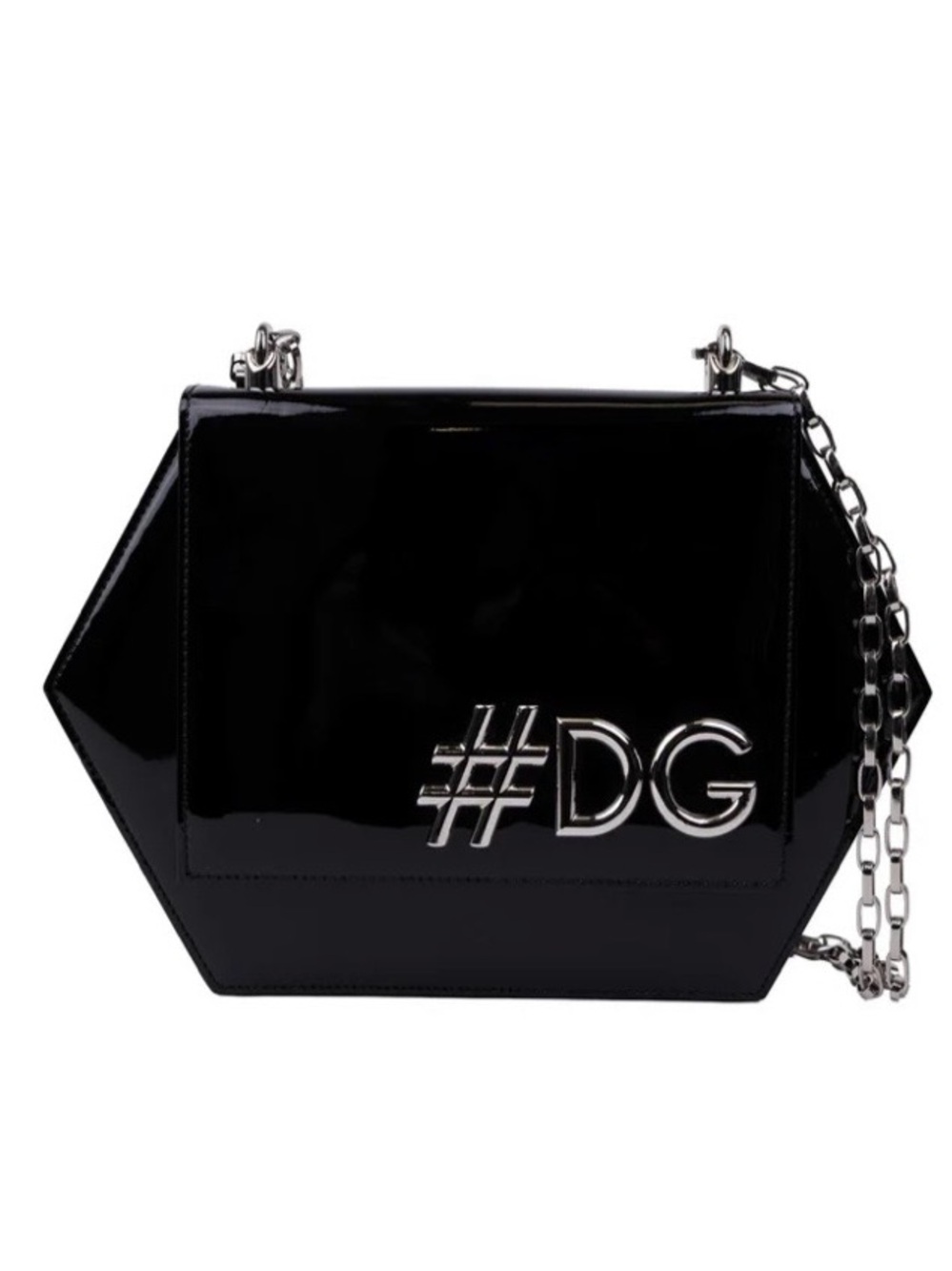 Dolce & Gabbana Black Patent Hexagon Crossbody with Silver #DG Logo